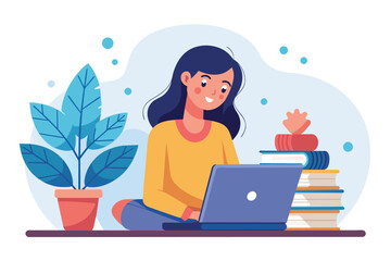 Sticker - Woman Sitting on Table With Laptop and Stack of Books, man studying with laptop, Online education, Simple and minimalist flat Vector Illustration