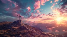 Mountain Landscape With Cross In The Sky