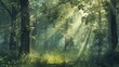 serene forest scene with towering trees and dappled sunlight filtering through the canopy, creating a tranquil and peaceful atmosphere.