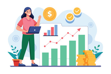 Sticker - A woman standing in front of a growth chart, analyzing data using a laptop, women analyze data graphs of growth and money earnings, Simple and minimalist flat Vector Illustration