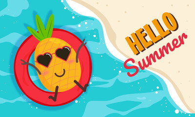 Hello summer banner, poster design with cute pineapple. Vector illustration