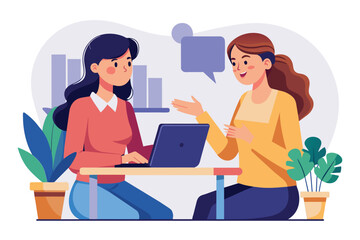 Wall Mural - Two women engaged in a business discussion while sitting at a table with a laptop, Women are talking about business, Simple and minimalist flat Vector Illustration