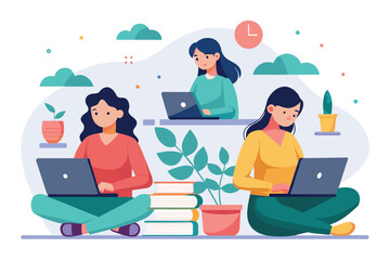 Poster - Three female individuals sitting on the ground are engaged in their laptops, focusing on assignments, women do assignments using laptops, Simple and minimalist flat Vector Illustration