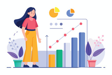 Sticker - A woman standing in front of a bar chart, analyzing data to track growth and progress, women growth data analysis, Simple and minimalist flat Vector Illustration