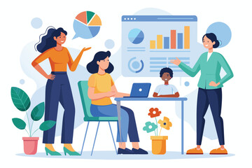 Wall Mural - A diverse group of colleagues standing around a table, focusing on a laptop displaying data analysis, women present analysis data to colleagues, Simple and minimalist flat Vector Illustration