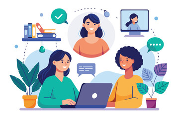 Sticker - Two Women Working on Laptop at Table, womens online video communication with the concept of discussing or studying remotely, Simple and minimalist flat Vector Illustration