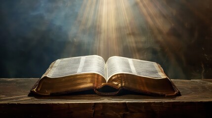 Open bible on a dark background with rays of light and smoke