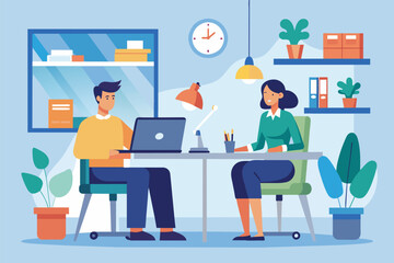 Poster - a man and a woman sitting together at a table, using a laptop for work, work at office, simple and m