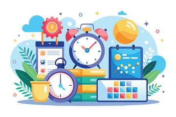 Poster - A collection of various types of clocks stacked on top of each other, Work deadlines with alarms and calendars concept flat illsutration