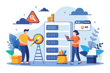 Poster - man and woman examining computer screen with magnifying glass, worker are looking for data storage e