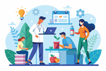 Poster - a group of people standing around a table, collaborating and working on a laptop, workers are doing 