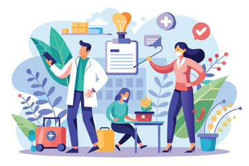 Poster - a group of individuals standing around a table engaged in a discussion or meeting, workers are doing