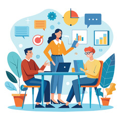 Sticker - Group of People Sitting Around Table With Laptops, Workers are sitting at the negotiating table, collective thinking and brainstorming, company information analytics, Simple and minimalist flat Vector