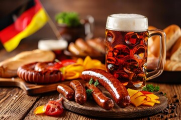 Germany traditional food. Beer and sausages with Germany flag on the table