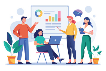 Poster - a diverse group of workers standing around a table, engaged in discussing business plans with a lapt