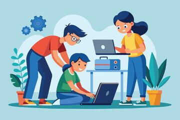 Sticker - Workers gather around laptop for repairs and troubleshooting, focusing on screen, workers repair laptop errors, Simple and minimalist flat Vector Illustration