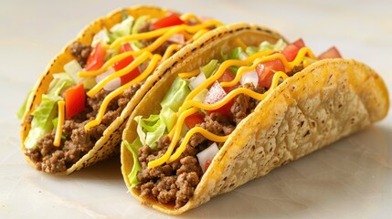 Enjoy delicious ground beef tacos filled with crisp romaine lettuce juicy diced tomatoes and flavorful shredded cheddar cheese