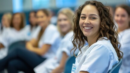 Smiling cheerful nurse doctor sit relax in seminar training class nurse doctor group happiness positive face expression in education class hospital background