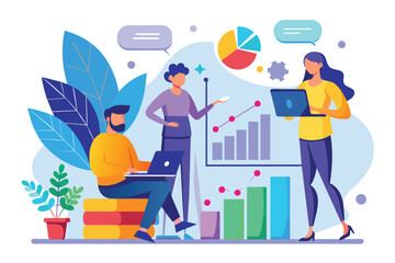 Poster - A group of individuals standing around a table, engaging with a laptop, working team, growth chart analysis person conducts meeting, Simple and minimalist flat Vector Illustration