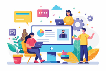 Poster - Group of People Collaborating Around a Computer, Working together with computer screen concept, Simple and minimalist flat Vector Illustration
