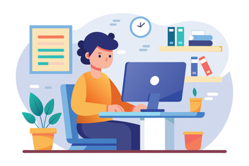 Poster - A woman is working at a desk with a laptop in a simple and minimalist setting, Working with computer screen, Simple and minimalist flat Vector Illustration