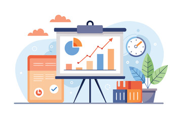 Poster - whiteboard graph with plant and clock, work presentation with reference to time trending, simple and