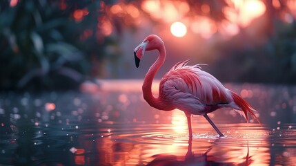 Wall Mural - Flamingo Stand in The Water With Beautiful background Nature 4K Wallpaper