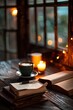 Open book, coffee, beside candle near window. A serene moment for reading and relaxation with cozy ambiance 📖☕🕯️🪟 #CozyReading