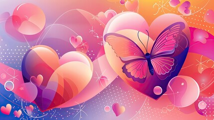 Wall Mural - Abstract gradient Y2K style template cover vector set. Happy Valentine's Day decorate with trendy gradient heart, ribbon, bubble, butterfly. 