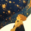 Child girl observes golden stars swirling night sky watercolor painting