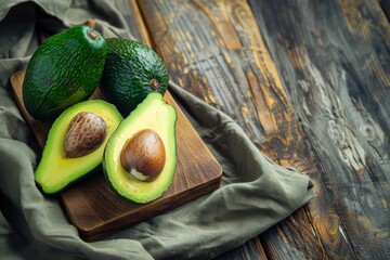 Wall Mural - Three avocados displayed on wooden cutting board, a staple food ingredient