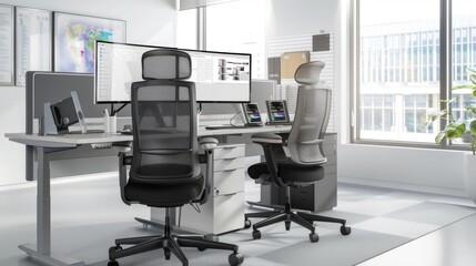 Poster - Office Desk With Two Chairs and Computer Monitor