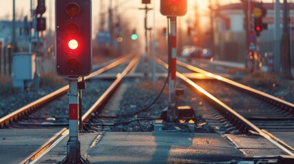 Red Traffic Light Next to Train Track