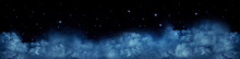 Black Dark Blue White Starry Cloudy Night Sky Background. Above The Clouds. Moonlight. Stars. Outer Space Universe Infinity Cosmos. Design. Dream.  Fantasy. Christmas. Panorama. Wide.