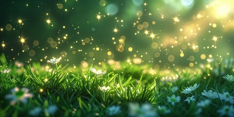 Wall Mural - Nature Background, Lush Green Grass with Sparkling Dew and Soft Light