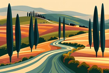 Sticker - This vibrant artwork takes you on a journey down a Tuscan road lined with cypress trees, ideal for travel and leisure themes.