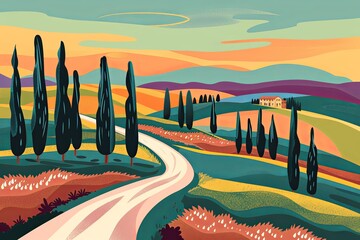 Sticker - This vibrant artwork takes you on a journey down a Tuscan road lined with cypress trees, ideal for travel and leisure themes.