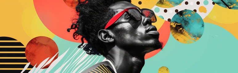 stylish african american man with sunglasses; dynamic and modernist collage, incorporating vibrant c