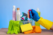basket with cleaning products for home hygiene use