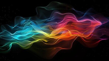 Poster - Glowing colorful particles liquid dynamic flow on dark background. Fluo particles on Trendy fluid design