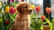 A delightful brown puppy surrounded by vibrant tulips captured in a cozy indoor setting under the soft glow of daylight Warm greetings for our cherished and beloved ones embodying the essen