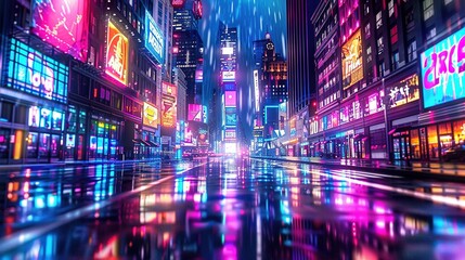 Wall Mural - Illustration of the futuristic city cyberpunk. Empty street with bright neon lights and bright billboards. Beautiful night cityscape