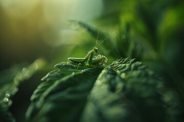 Wall Mural - macro photography of a mantis on a leaf. close up. Green on green