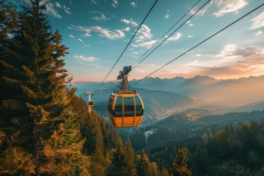 view of a cable car moving towards the beautiful mountains with scenic nature and forest trees view