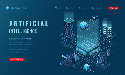 Poster - isometric artificial intelligence landing page concept. machine learning technology. digital technol