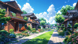Fototapeta Uliczki - Modest residencial anime illustrated exterior brown wooden house.