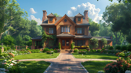 Wall Mural - Anime illustrated exterior of a modest brown wooden house.