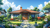 Fototapeta Uliczki - Anime illustrated exterior of a modest brown wooden house.