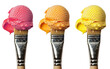 Pink, orange and yellow ice cream scoops on paint brush over isolated white transparent background
