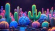 3d rendering vibrant neon cactus desert, Cinco de mayo 
